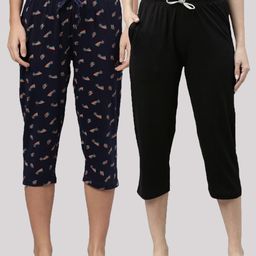 Kryptic Women Pack Of 2 Navy Blue & Black Printed Pure Cotton Capris-image-57