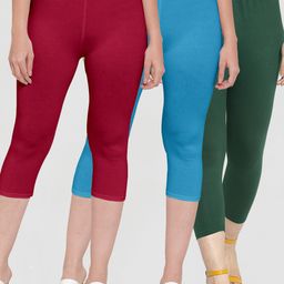 Jinfo Women Green & Blue Pack Of 3 Solid Capris-image-113