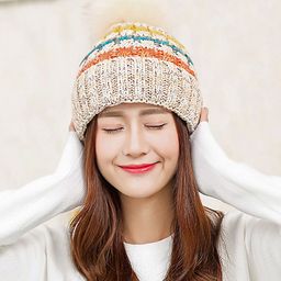 YOUSTYLO Adults White & Blue Self Design Woolen Winter Pompom Cap-18