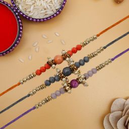 STYBUZZ Set Of 2 Red & Gold-Coloured Beaded Rakhi With Greeting Card and roli chawal-image-14