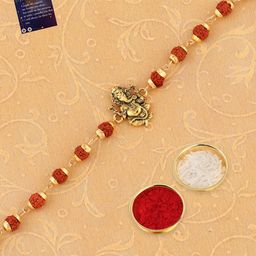 Silver Shine Unisex Set Of 2 Ganesh & Om Rakhi With Roli Chawal & Greeting Card-image-105