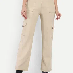 Next One Women Smart Straight Fit High-Rise Easy Wash Corduroy Cargos Trousers-image-64