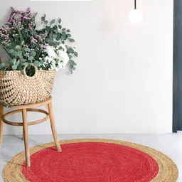 HABERE INDIA Red & Beige Colourblocked Round Jute Carpet-43