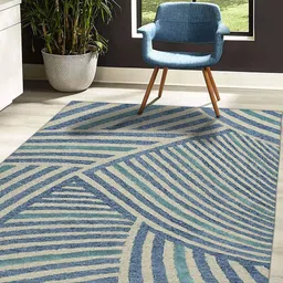 saraswatii global Beige & Blue Striped Hand Tufted Rectangular Carpet image 1