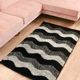FABURAA Black Geometric Anti Skid Cotton Carpet-44