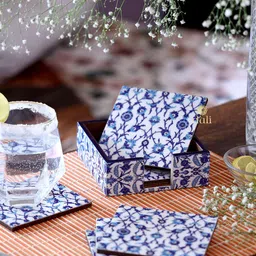 DULI Set of 6 Blue Printed Enamel Coated MDF Wood Coasters With Case-15