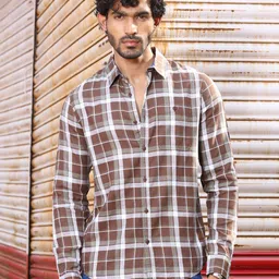 Thomas Scott Slim Fit Tartan Checked Spread Collar Long Sleeves Cotton Casual Shirt-image-91