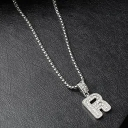 French Accent Silver-Plated R Alphabet-Shaped Stones-Studded Pendant With Chain-image-61