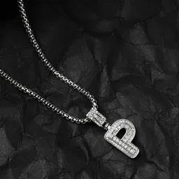 French Accent Silver-Plated P Alphabet-Shaped Stones-Studded Pendant With Chain-image-22