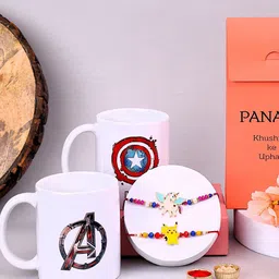 PANASH Set Of 2 Gold Plated Brass Rakhis With Printed Mug & Roli Chawal-5