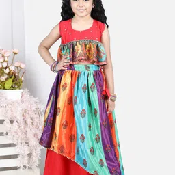 Sangria Girls Red & Blue Floral Printed Ready to Wear Layered Silk Lehenga With Peplum Top-picture-26