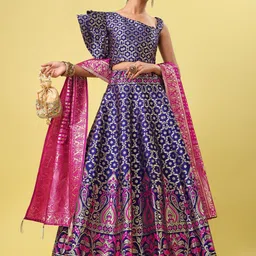 PURVAJA Woven Design One Shoulder Ready to Wear Lehenga & Unstitched Blouse With Dupatta-18