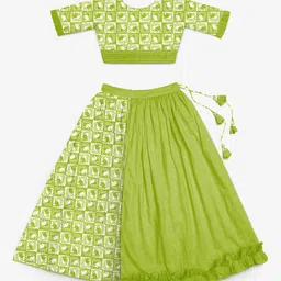STORY TAILOR Girls Green & White Printed Cotton Ready to Wear Lehenga-image-95