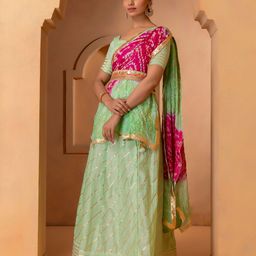 Geroo Jaipur Green & Fuchsia Embellished Ready to Wear Lehenga & Unstitched Blouse With Dupatta image 4