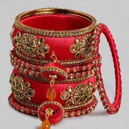 Peora Set of 10 Red Gold-Plated Designer Silk Thread Studded Bridal Chuda Bangles image 4