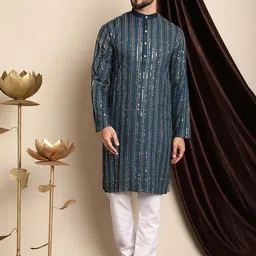 Anouk Embroidered Band Collar Sequinned Pure Cotton Regular Kurta with Churidar-49