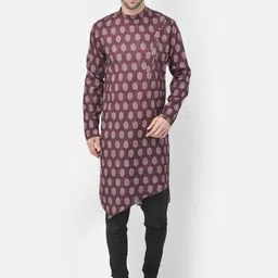 TABARD Men Maroon Ethnic Motifs Printed Angrakha Pure Cotton Kurta with Churidar-picture-18