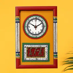 AAKRITI ART CREATIONS Red & Yellow Warli Art Printed Rectangle Wood Analogue Wall Clock-image-4