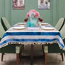 URBAN SPACE White & Blue Striped 6-Seater Table Cover-picture-47