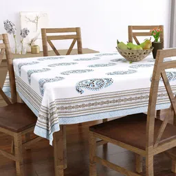 BLOCKS OF INDIA White & Blue Printed Pure Cotton 6 Seater Table Cloth-32