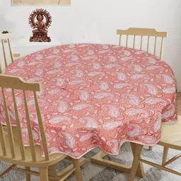 INDHOME LIFE Pink & White Printed Cotton Round 4-Seater Table Cover-19