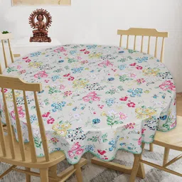 INDHOME LIFE White & Pink Printed Cotton Round 4-Seater Table Cover-25