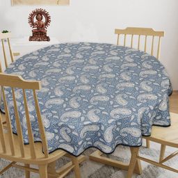 INDHOME LIFE Blue & White Printed Cotton Round 4-Seater Table Cover-35