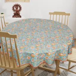 INDHOME LIFE Blue & Orange Coloured Printed Cotton Round 4-Seater Table Cover-29