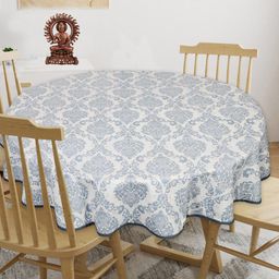INDHOME LIFE Blue & White Printed Cotton Round 4-Seater Table Cover-52