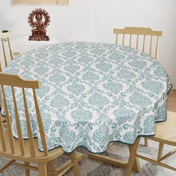 INDHOME LIFE White & Blue Printed Pure Cotton 4-Seater Table Cover-26