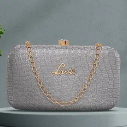 Lavie Tinsel Grey Crocodile Textured Shimmer Frame Clutch-39