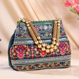Yellow Chimes Textured Embroidered Potli Clutch-48