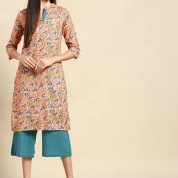 Anouk Women Peach-Coloured & Teal Blue Ethnic Printed Pure Cotton Kurta with Culottes-10