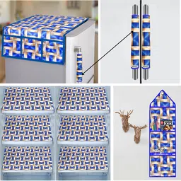 E-Retailer Blue & Brown Geometric Printed Fridge Appliance Cover Combo Set-picture-35