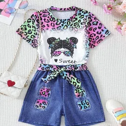 YK Girls Printed T-Shirt & Shorts Clothing Set-image-86