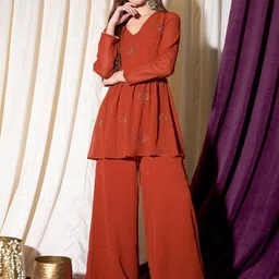 indo street Embroidered V-Neck Tunic With Palazzos-38