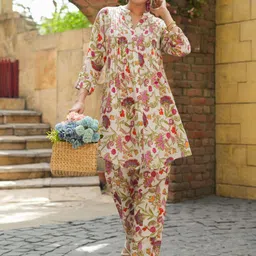 Rain & Rainbow Floral Printed Pure Cotton Tunic With Trousers-image-91