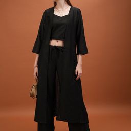 Tokyo Talkies Black Self Design Crochet Top With Trouser & Shrug-picture-28