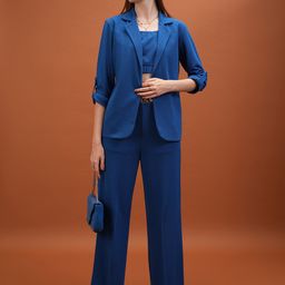 Tokyo Talkies Blue Square Neck Top With Flared Trouser With Blazer-image-77