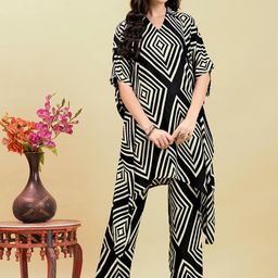 Anouk Printed Shirt Collar Kaftan Tunic With Trousers-picture-17
