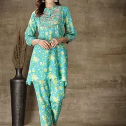 Stylum Floral Printed Thread & Mirror Work AsymmA-Line Pure Cotton Kurta With Trouser-29