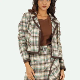 Taurus Women Beige & Brown Plaid Checked Jacket & Skirt Co-Ords-4