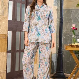 NIGHT FLOSS Printed Shirt Collar Three-Quarter Sleeves Pure Cotton Top With Palazzo-image-42