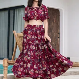 Yufta Printed Pure Cotton Short Sleeves Top With Flared Skirt Co-Ords-image-94