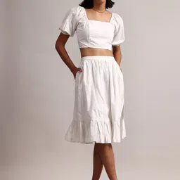 ZACCAI Embroidered Pure Cotton Crop Top With Skirts Co-Ords-picture-4