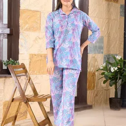 NIGHT FLOSS Printed Shirt Collar Three-Quarter Sleeves Pure Cotton Top With Palazzo-image-21