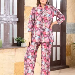 NIGHT FLOSS Printed Shirt Collar Three-Quarter Sleeves Pure Cotton Top With Palazzo-image-43