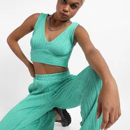 Campus Sutra Textured V-Neck Crop Top With Trouser-19