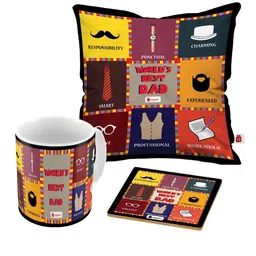 Indigifts 3-Pcs Black & Yellow Printed Cushion and Cofffee Mug with Coaster Dad Gift Set-image-83