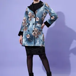 Athena Women Blue Floral Printed Double-Breasted Trench Coat-image-65